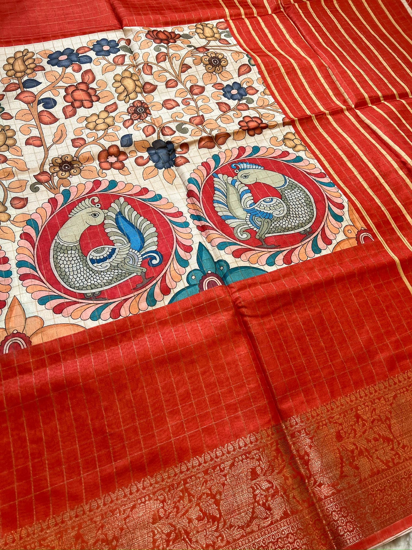 Sandal and Tomato Red Kalamkari Silk Cotton Saree