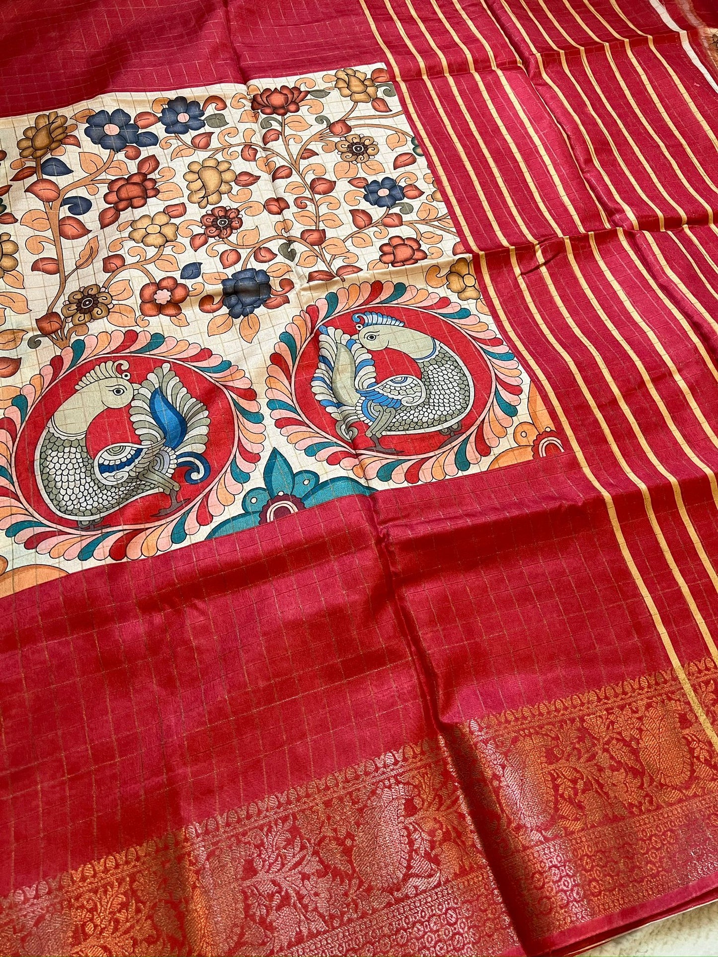 Sandal and Red Kalamkari Silk Cotton Saree
