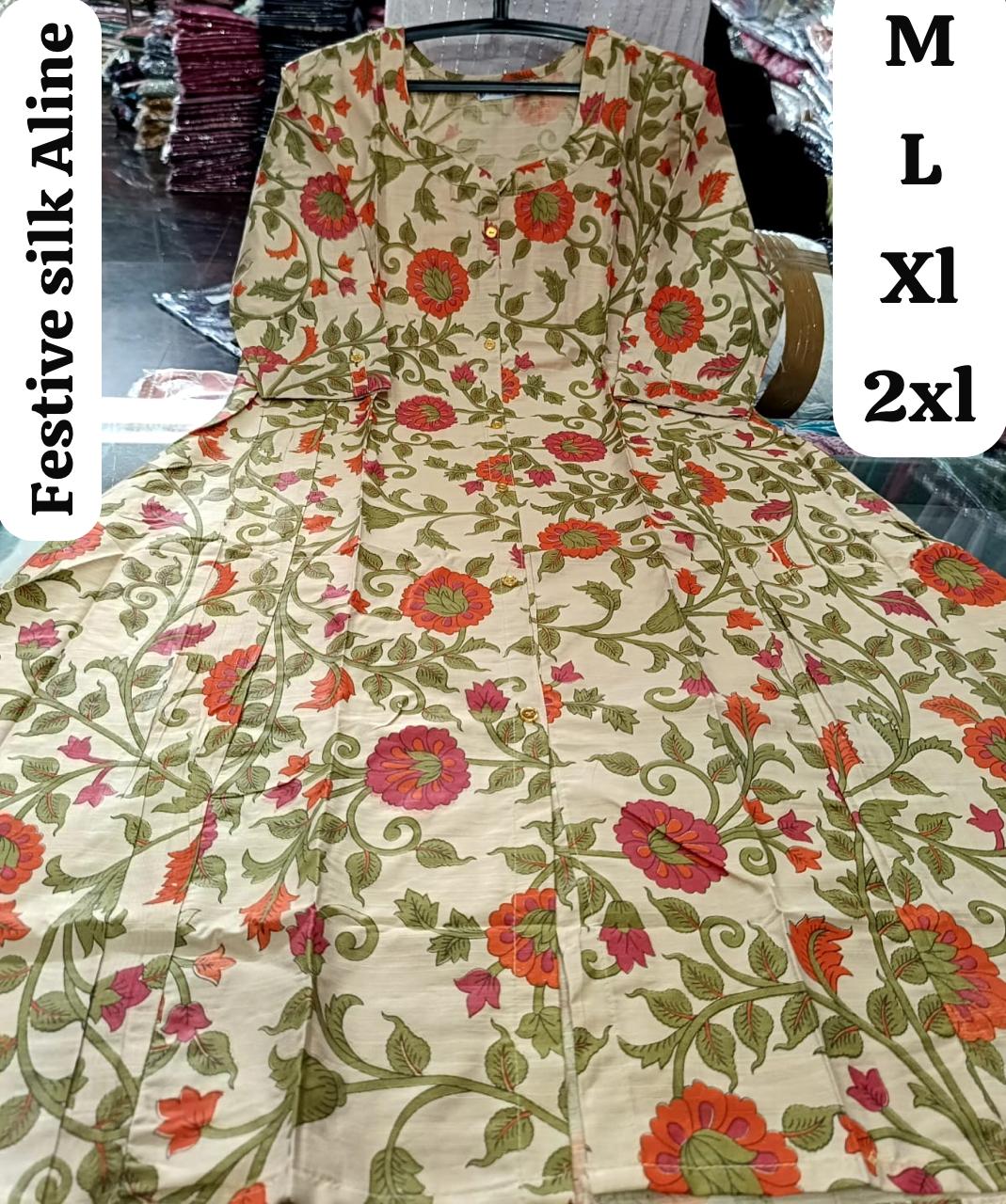 Cream Floral A-line Festive Silk Kurti