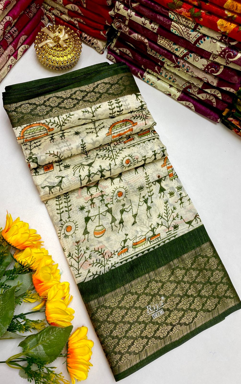 Beige and Green Dolla Silk Saree