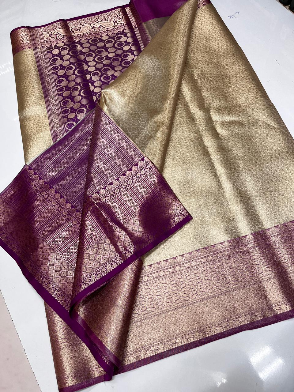 Sandal and Purple Katan Tissue Saree
