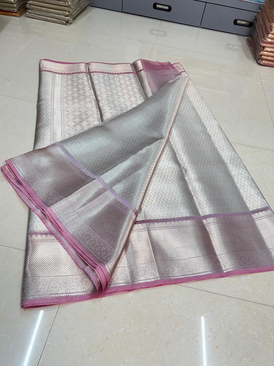 Silver with Pink Border Tissue Saree