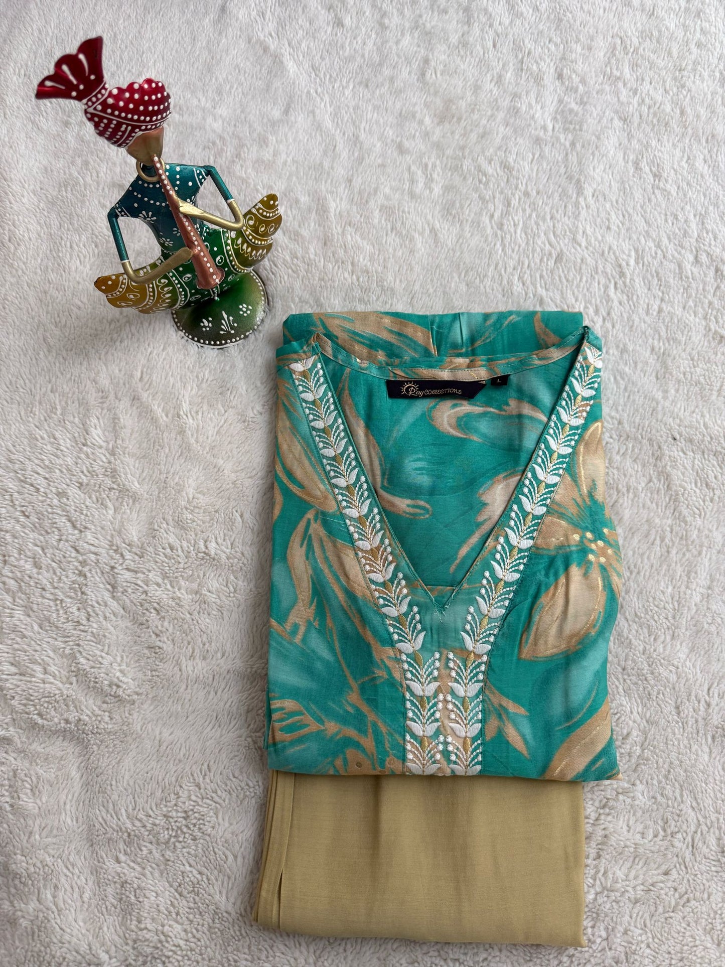 Teal and Sandal V Neck 2-Piece Chudidar Set