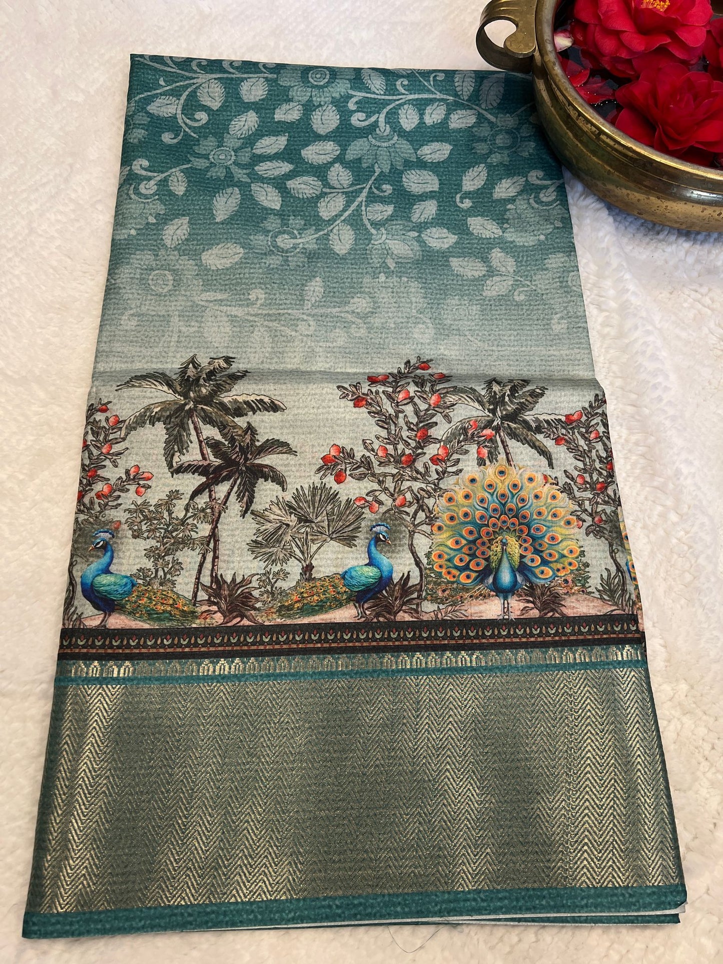 Teal Peacock Design Fancy Saree