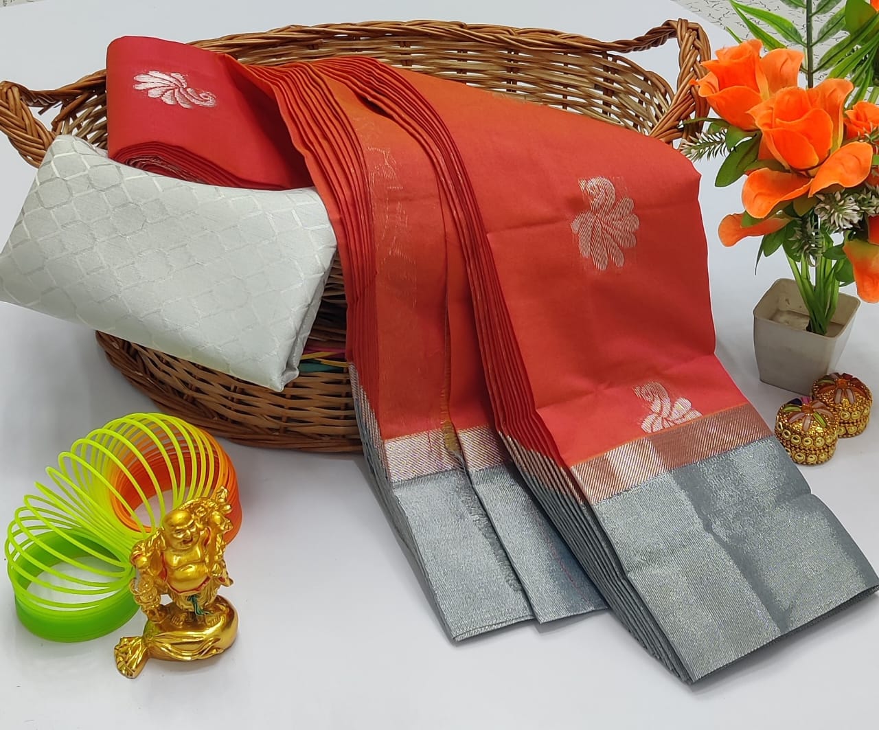 Tomato Red Silver Silk Cotton Saree