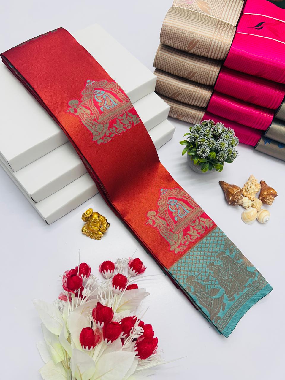 Tomato Red and Green Pallaku Design Kubera Soft Silk Saree