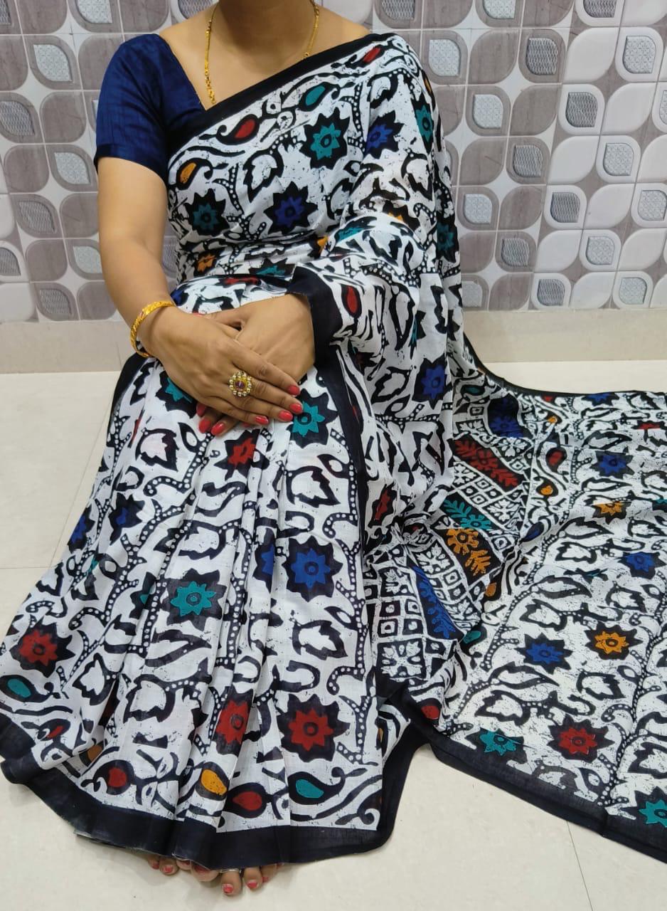 White and Blue MulMul Cotton Saree