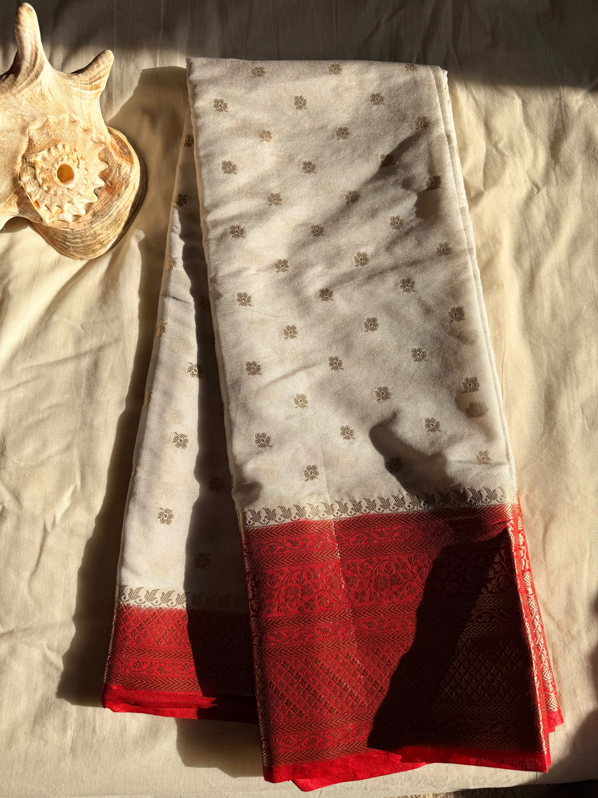 White and Red Tissue Silk Saree