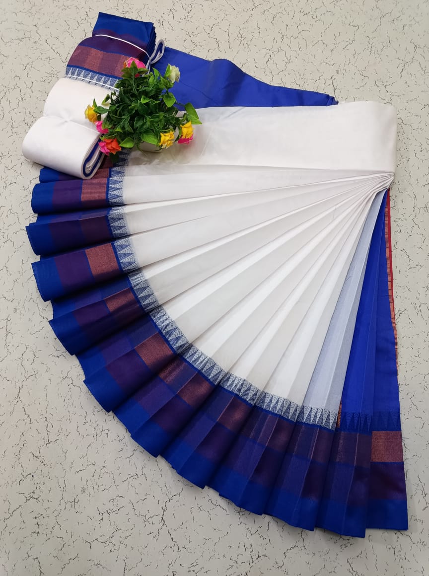White and Blue Korvai Border Silk Cotton Saree
