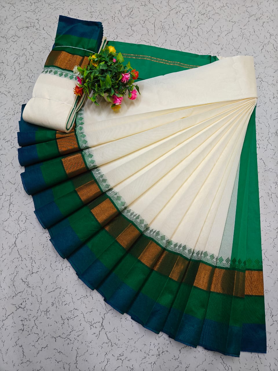 Half White and Green Korvai Border Silk Cotton Saree