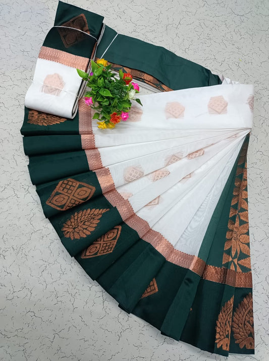 White and Dark Green Uppada Kotanji Border Silk Cotton Saree