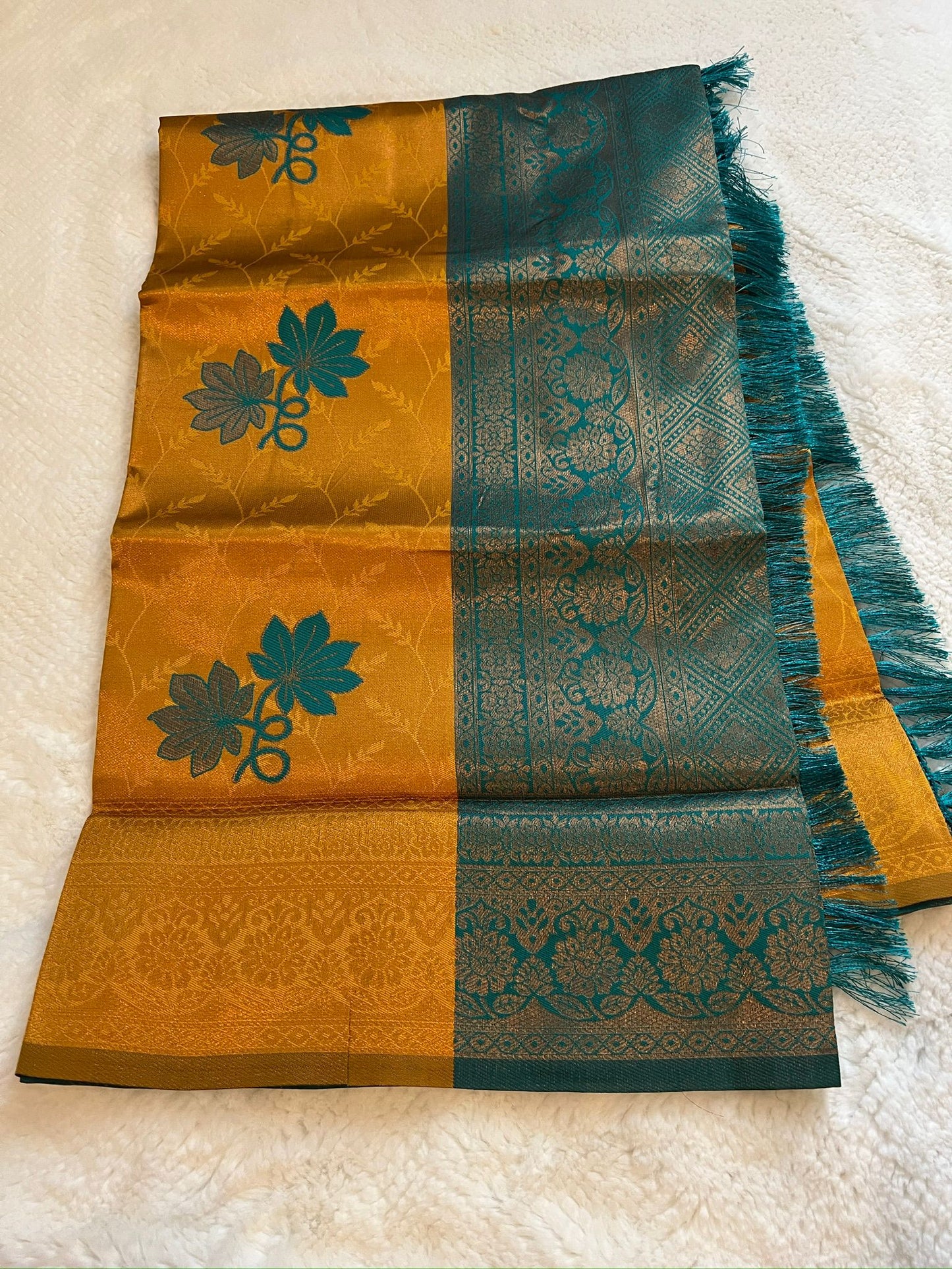 Yellow and Blue Arani Semi Silk Saree
