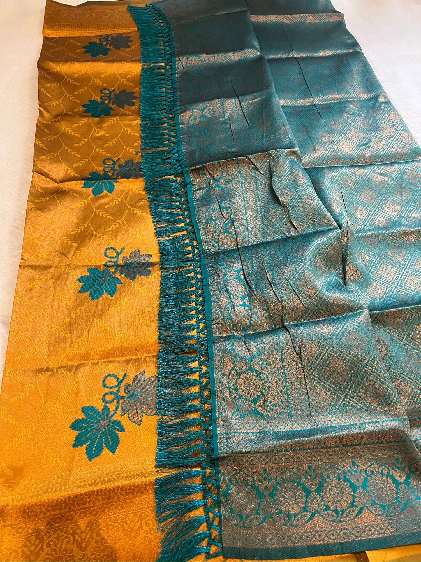 Yellow and Blue Arani Semi Silk Saree