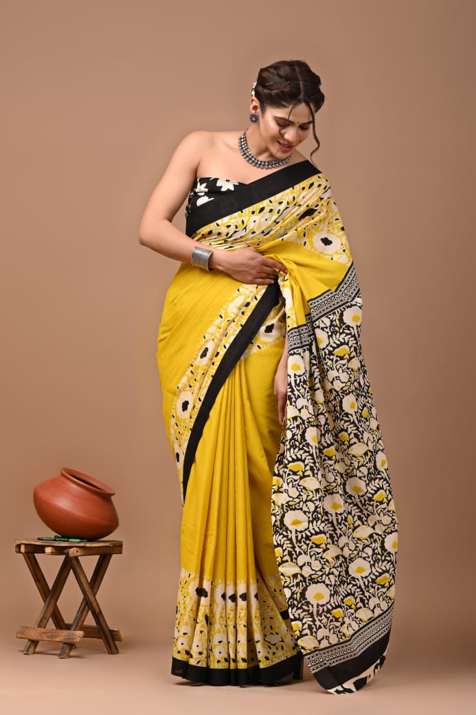 Yellow and Black MulMul Cotton Saree