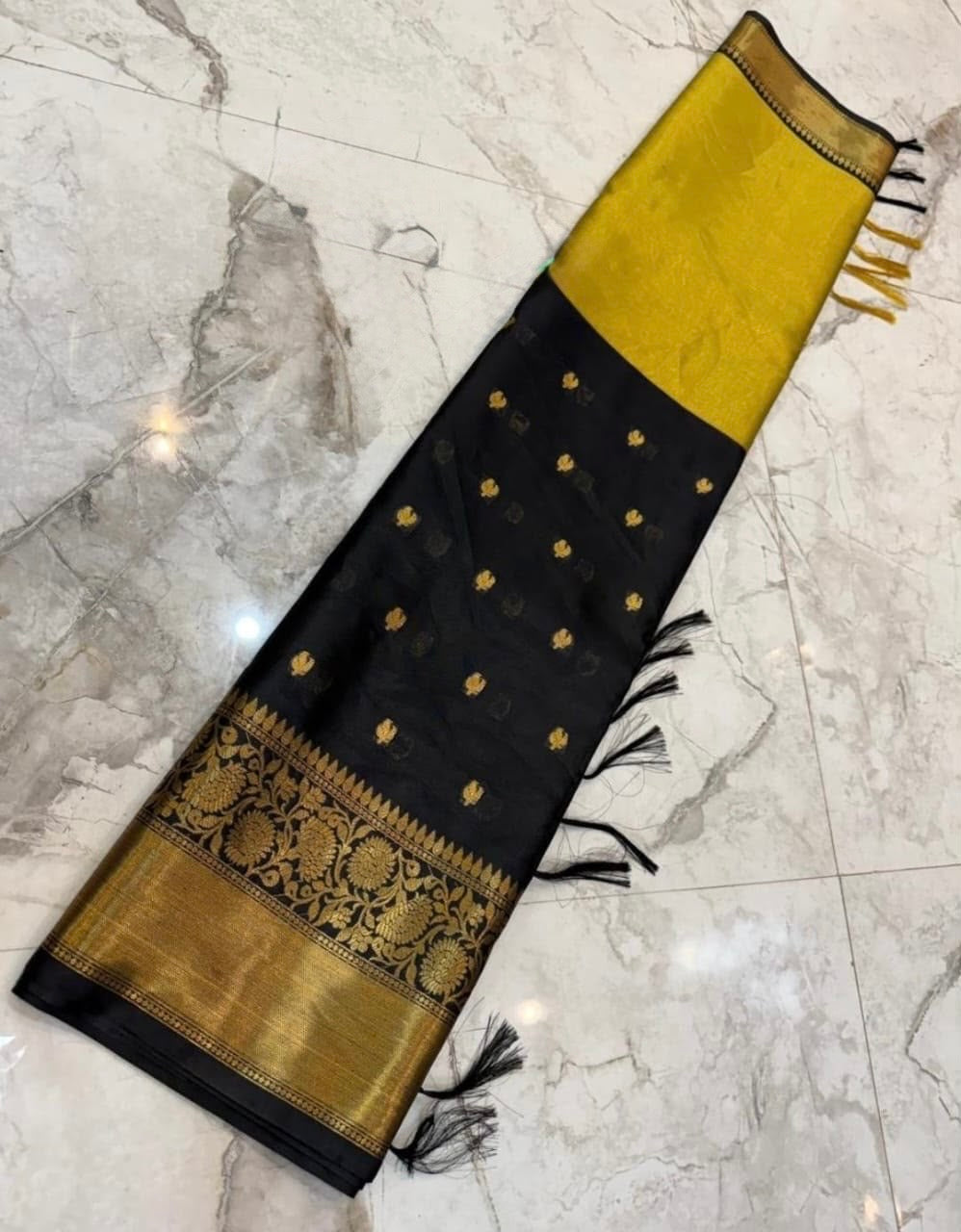 Yellow and Black Tissue Silk Saree