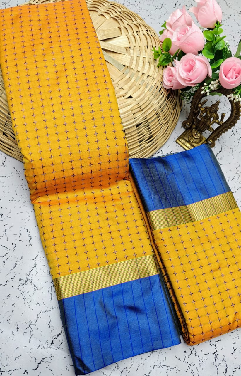 Yellow and Blue Checked Pattern Arani Soft Silk Saree