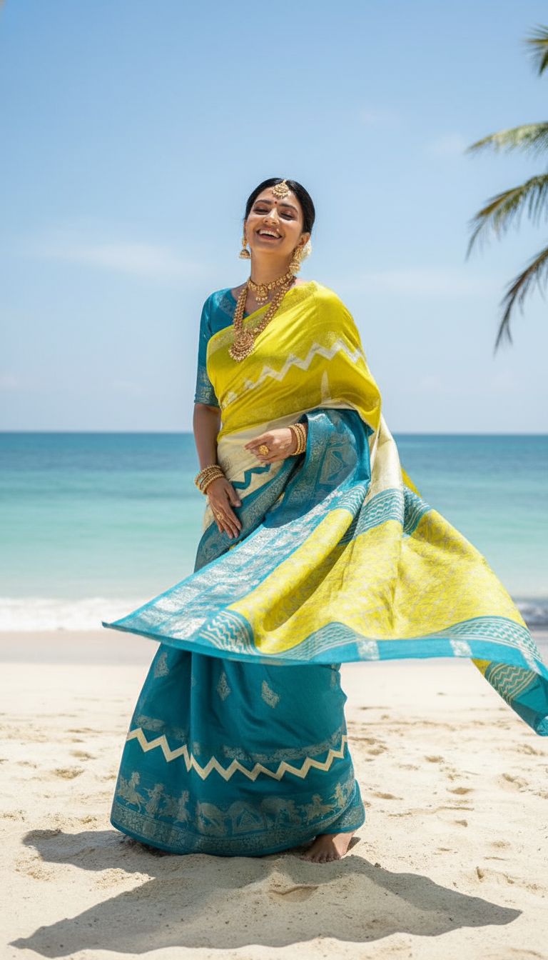 Yellow and Blue Mubbagam Soft Silk Saree