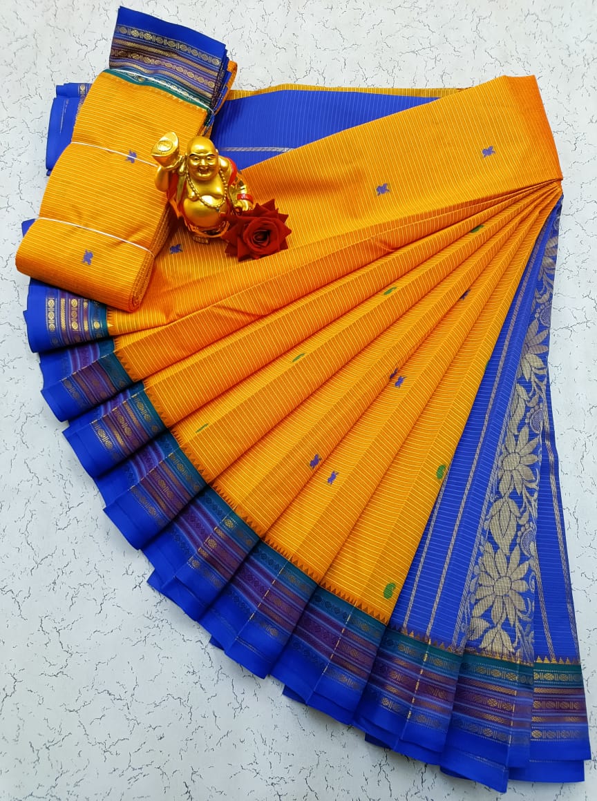 Yellow and Blue Kotanji Border Silk Cotton Saree