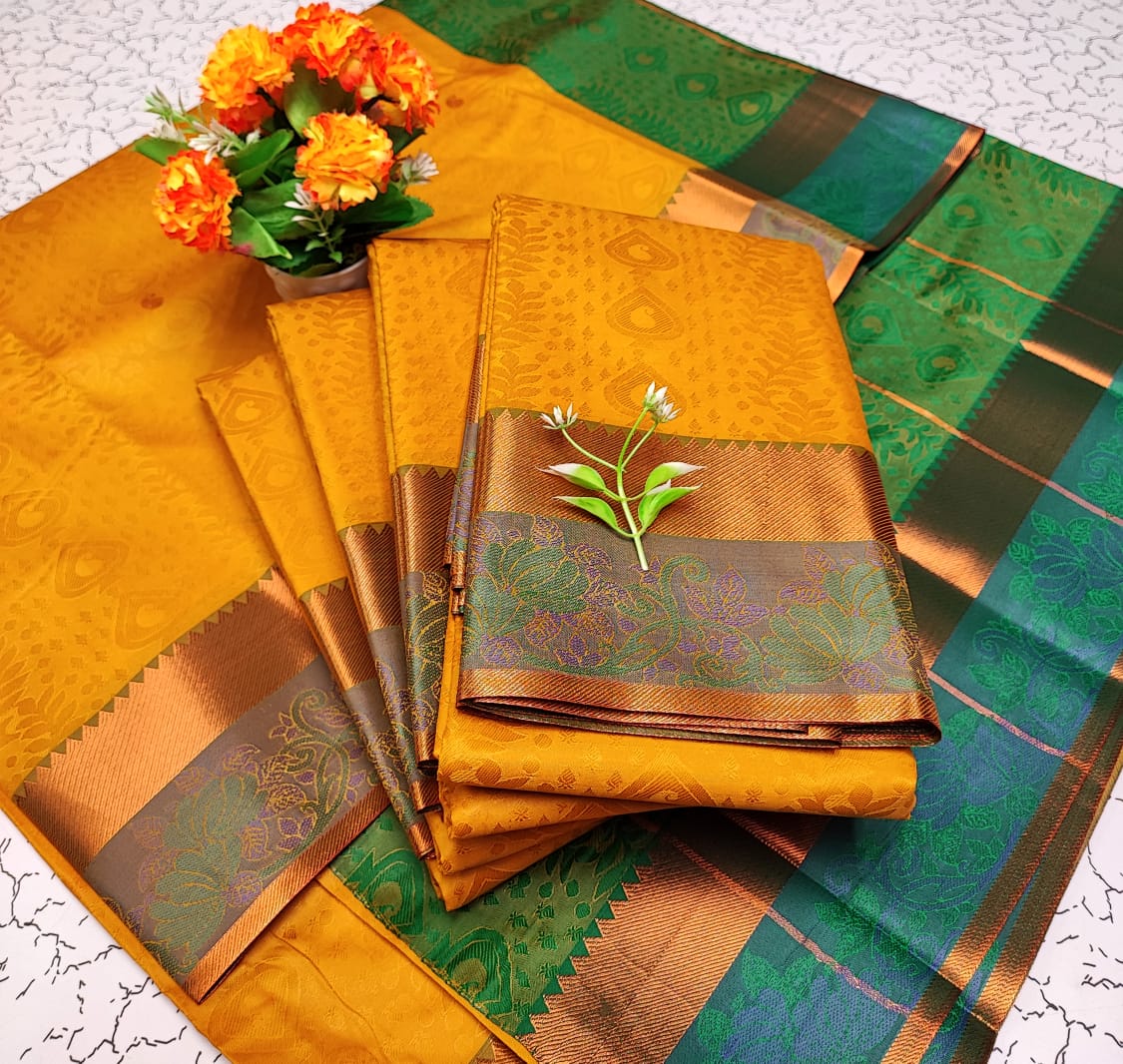 Yellow and Parrot Green Embossed Soft Silk Saree