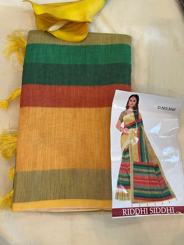Yellow and Green Riddhi Siddhi Linen Saree