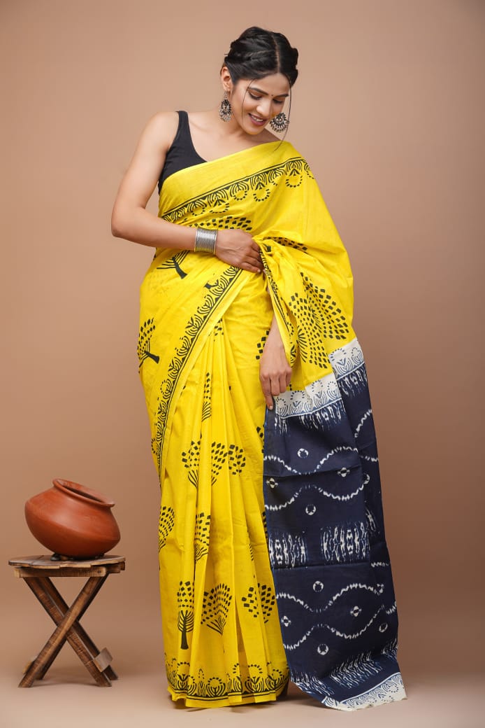 Yellow and Dark Grey MulMul Cotton Saree