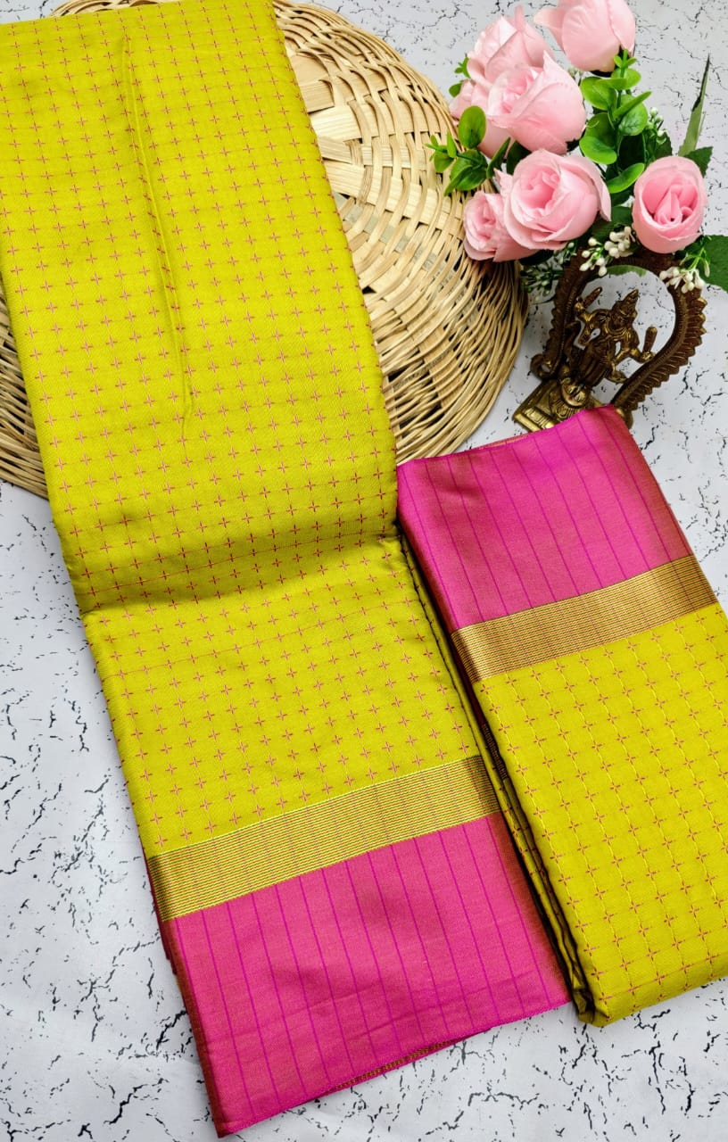 Lime Green and Pink Checked Pattern Arani Soft Silk Saree