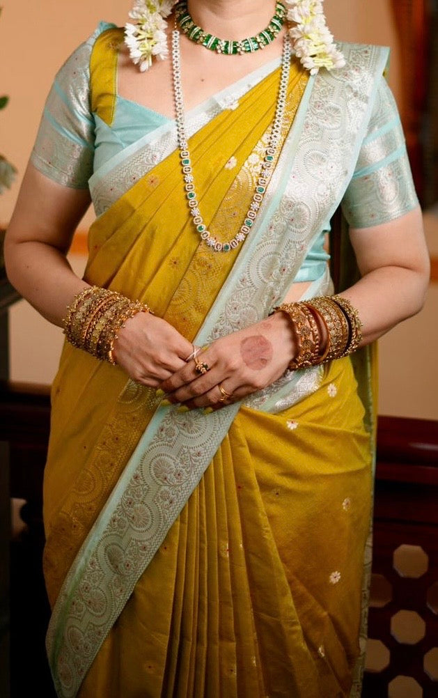 Yellow and Pista Premium Warm Silk Saree