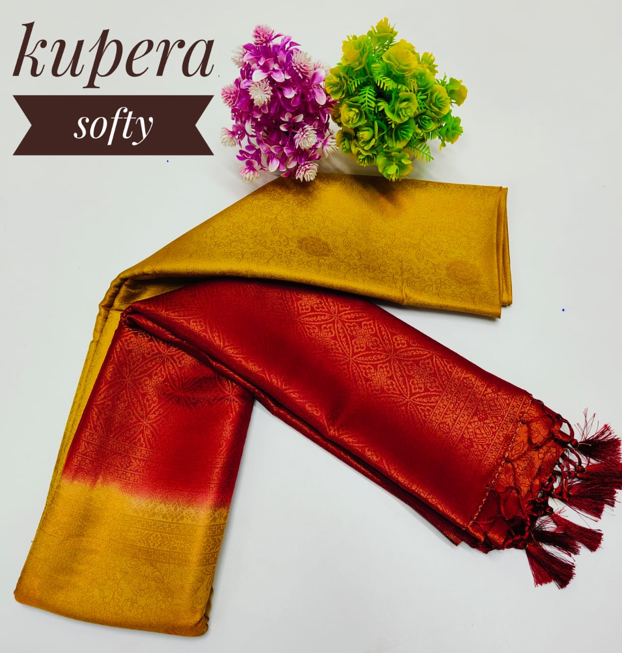 Yellow and Red Dual Tone Copper Softy Silk Saree
