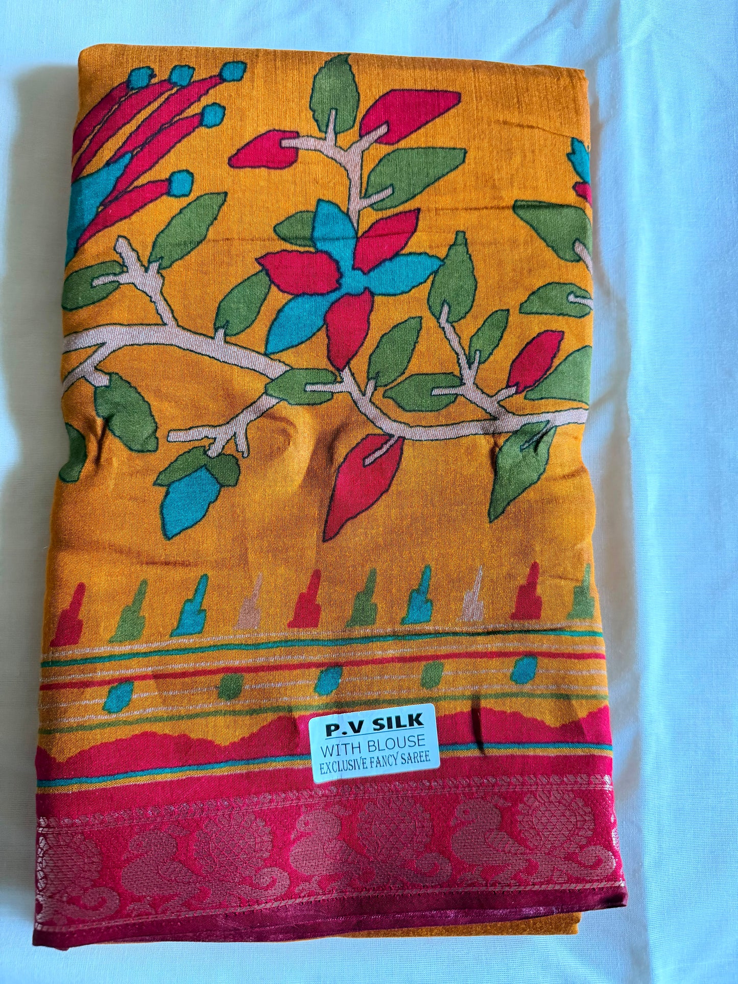 Yellow and Red P.V Fancy Silk Saree