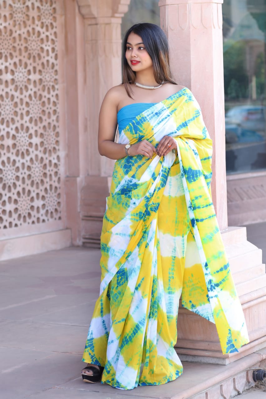 Yellow White and Blue MulMul Cotton Saree