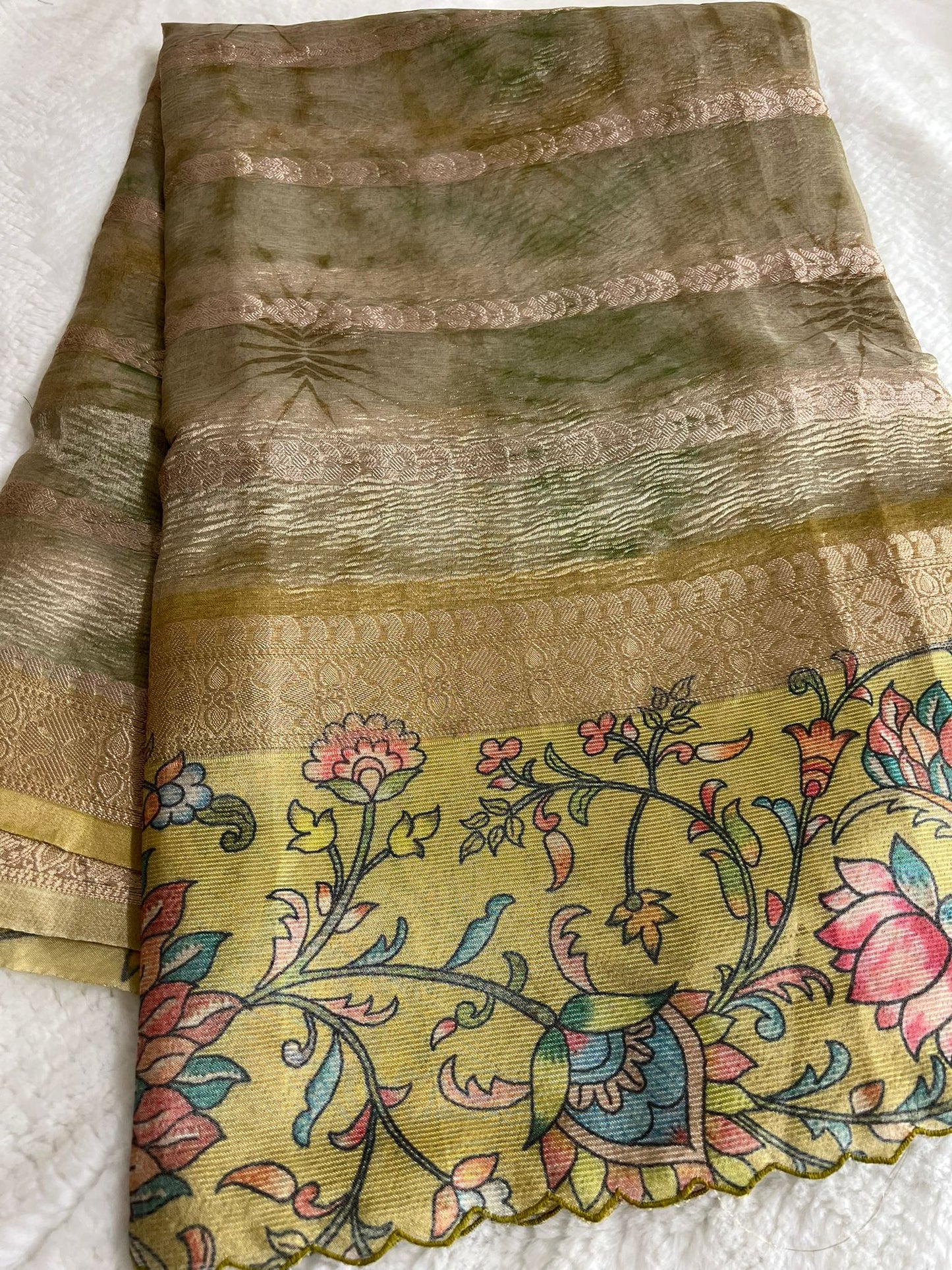 Yellow Crushed Tissue Silk Saree