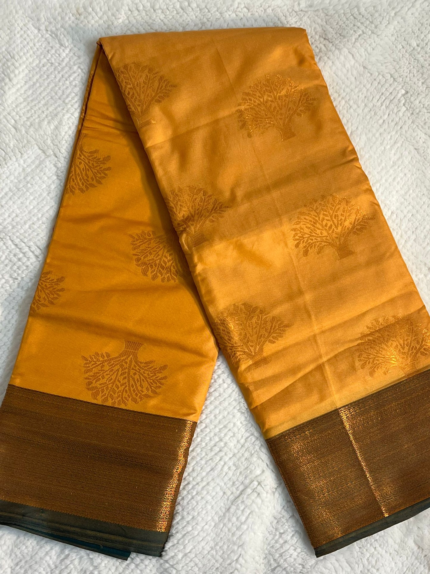 Yellow and Green Butter Silk Saree
