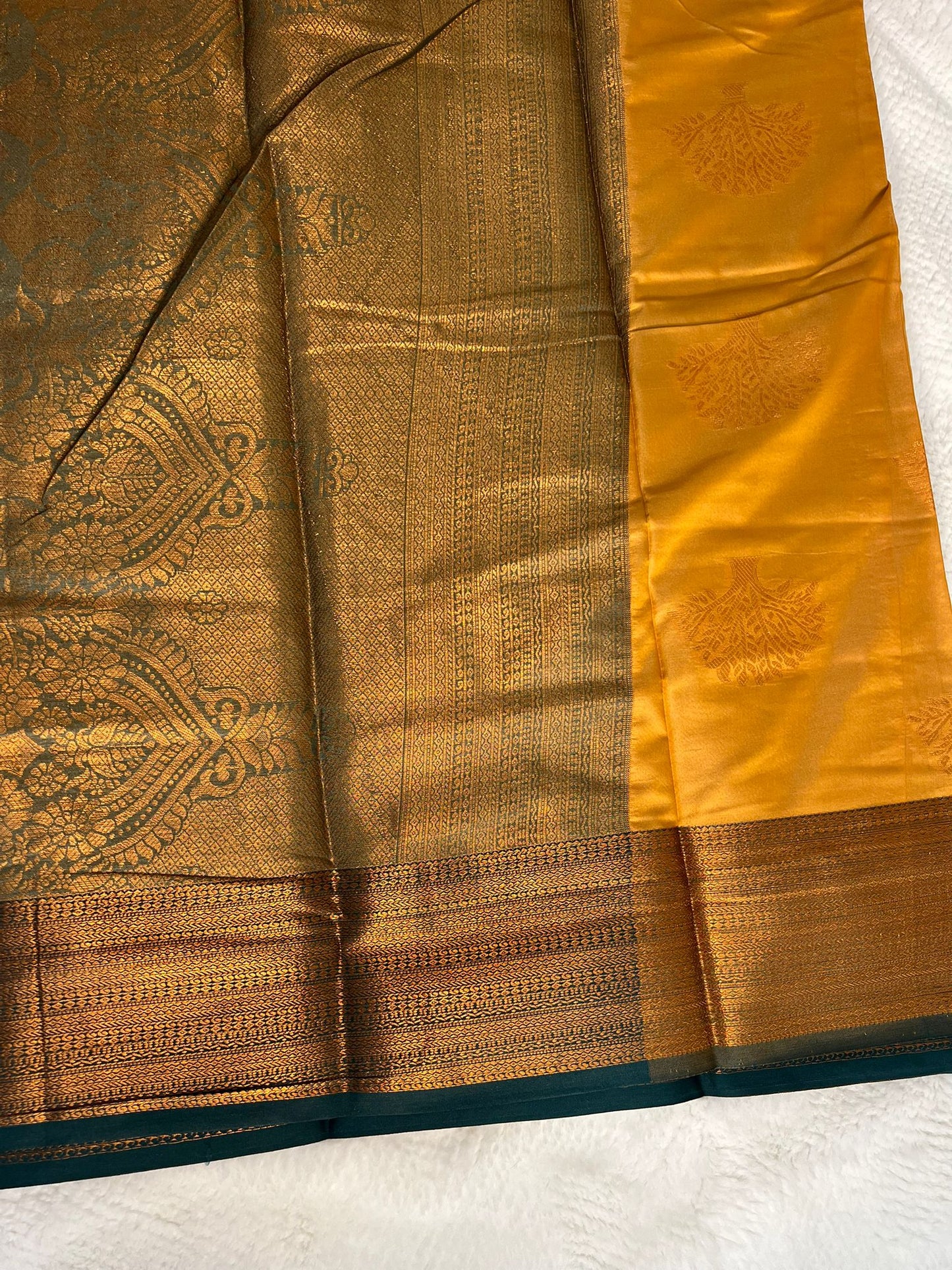 Yellow and Green Butter Silk Saree