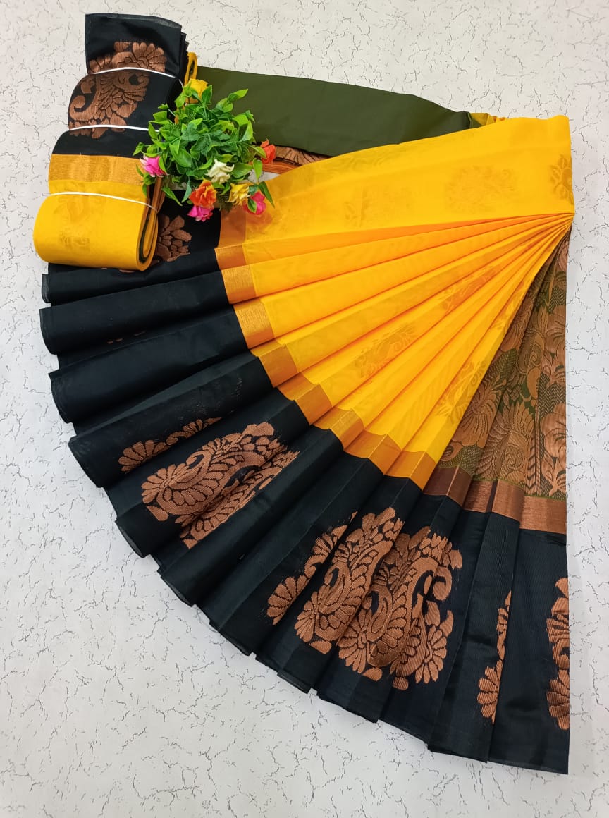 Yellow and Black Uppada Kotanji Border Silk Cotton Saree