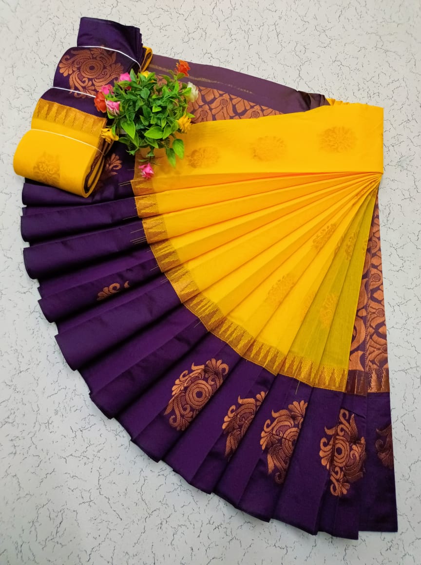 Yellow and Purple Uppada Kotanji Border Silk Cotton Saree