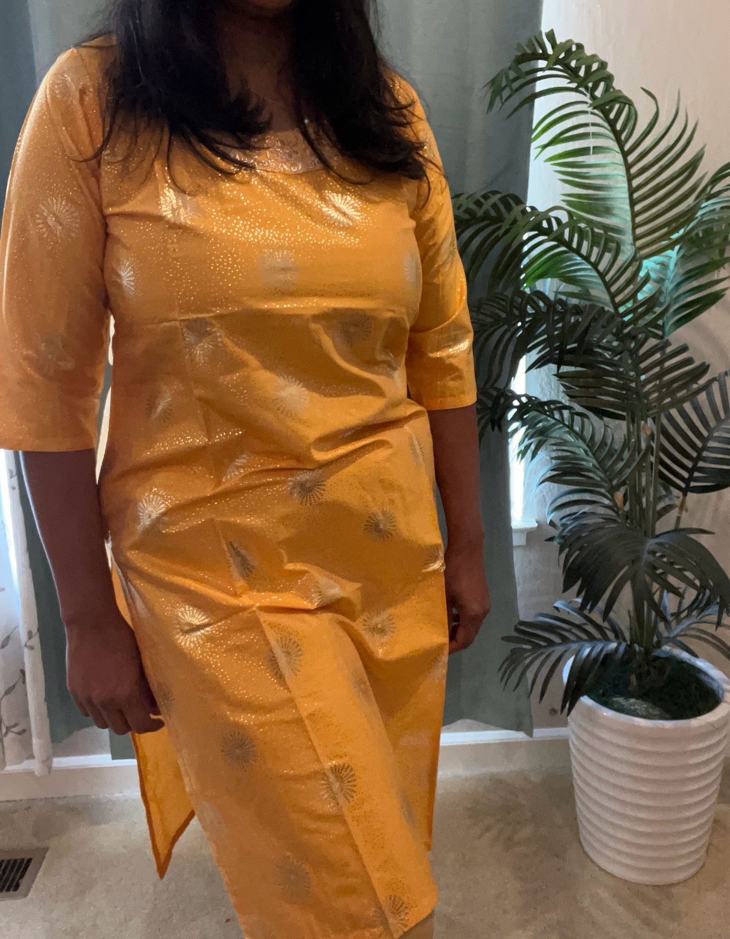 Yellow with Gold Embroidery and Print Kurti