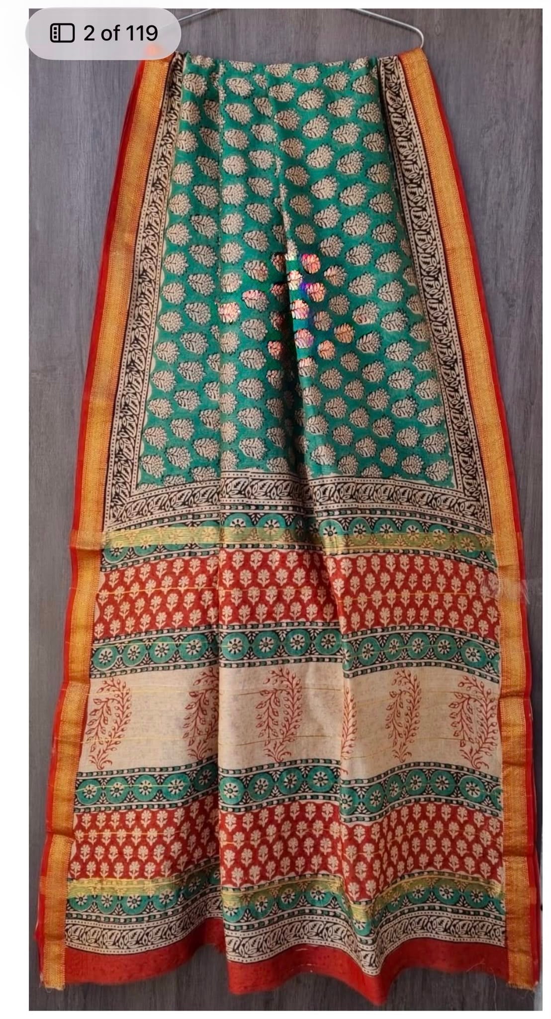 Green and Brick Red Maheshwari Silk Saree