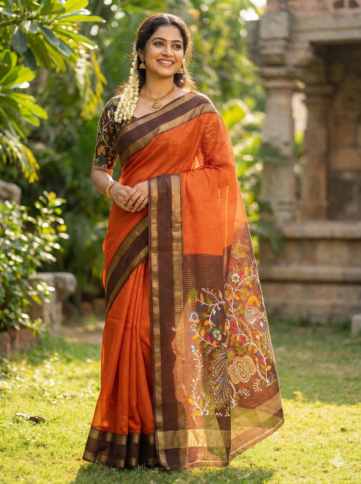 Orange and Brown Fancy Saree