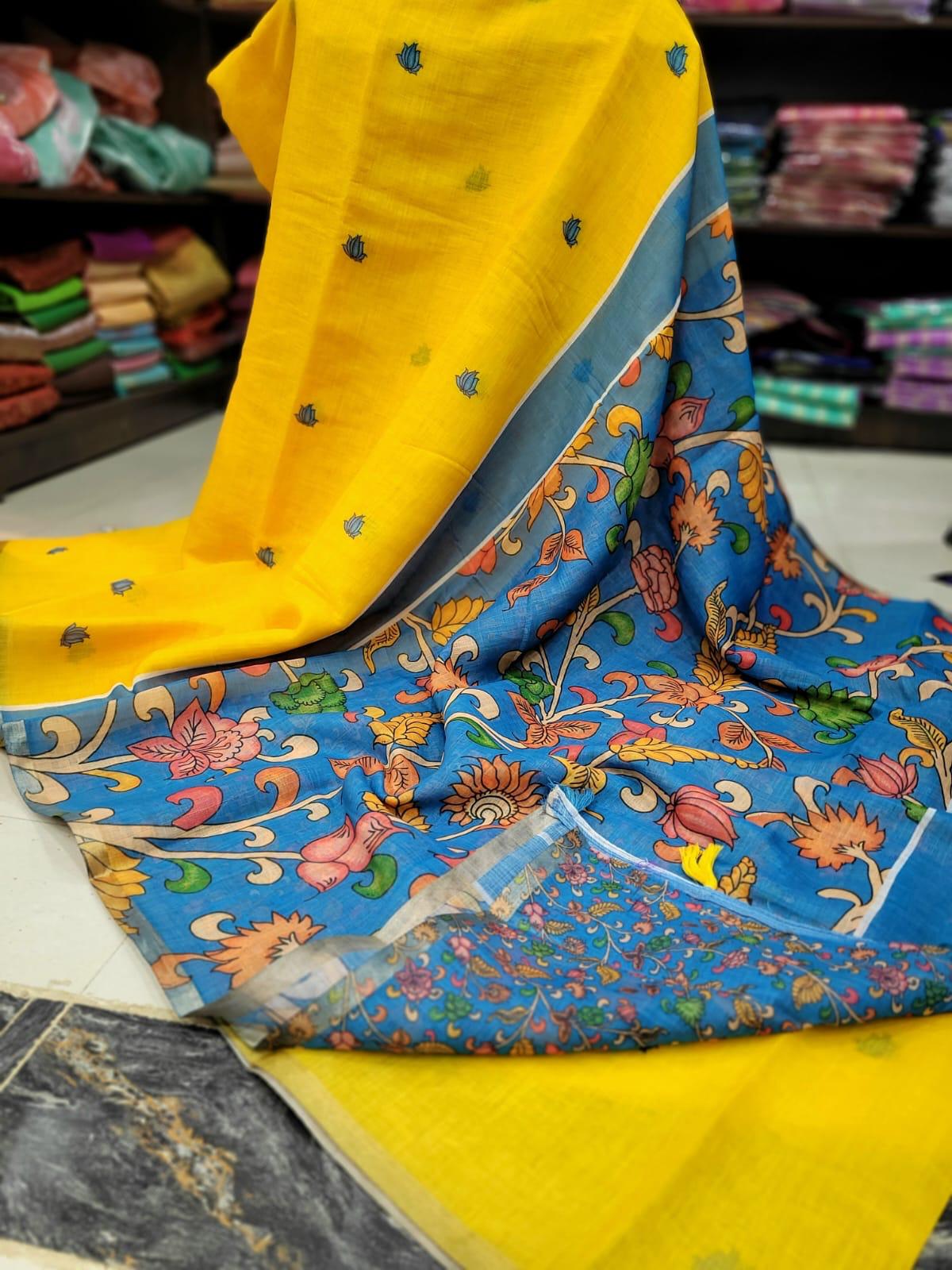 Yellow and Blue Linen Saree