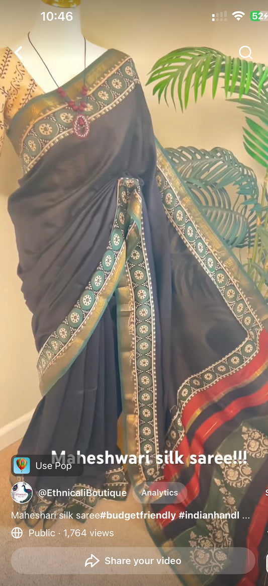 Black Maheshwari Silk Saree
