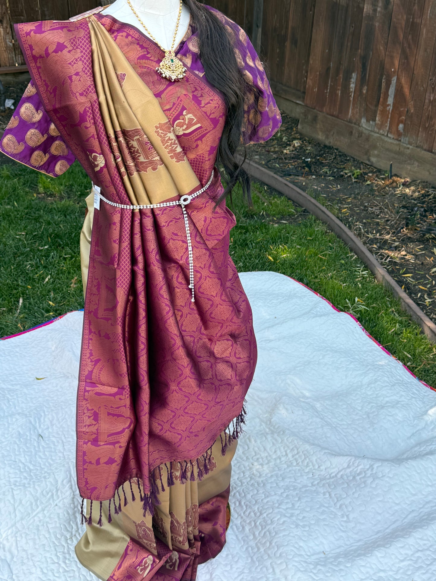 Sandal and Maroon Pallaku Design Kubera Soft Silk Saree