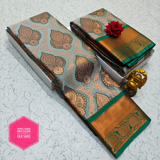 Ash Blue and Green Nikki Galrani Saree