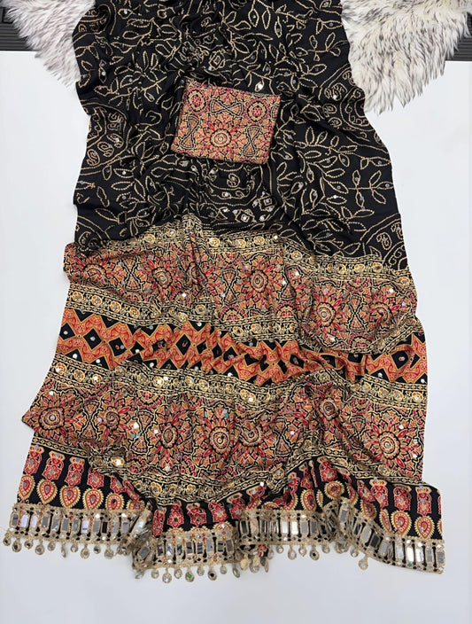 Black Ajrakh Print Mirror Work Fancy Saree