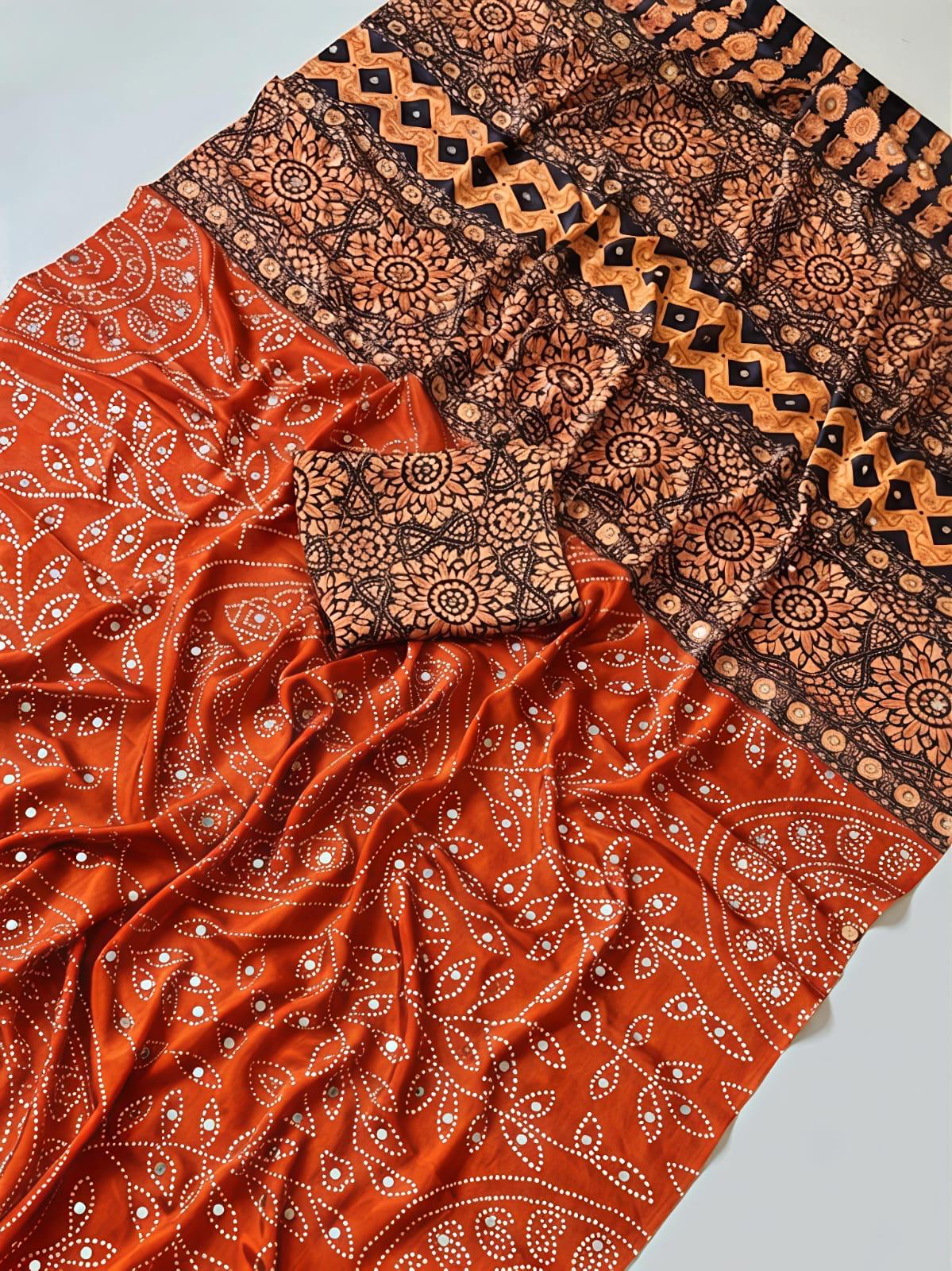 Orange Ajrakh Print Mirror Work Fancy Saree
