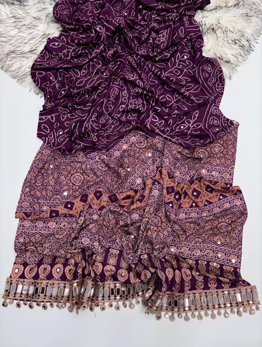 Purple Ajrakh Print Mirror Work Fancy Saree