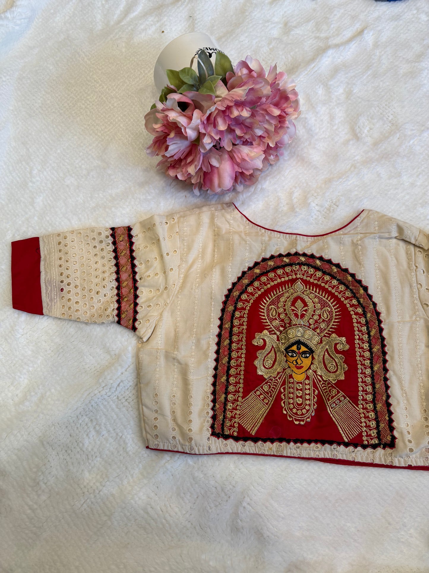 Half White and Red Cut Work Blouse D1