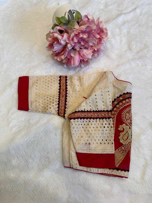 Half White and Red Cut Work Blouse D1