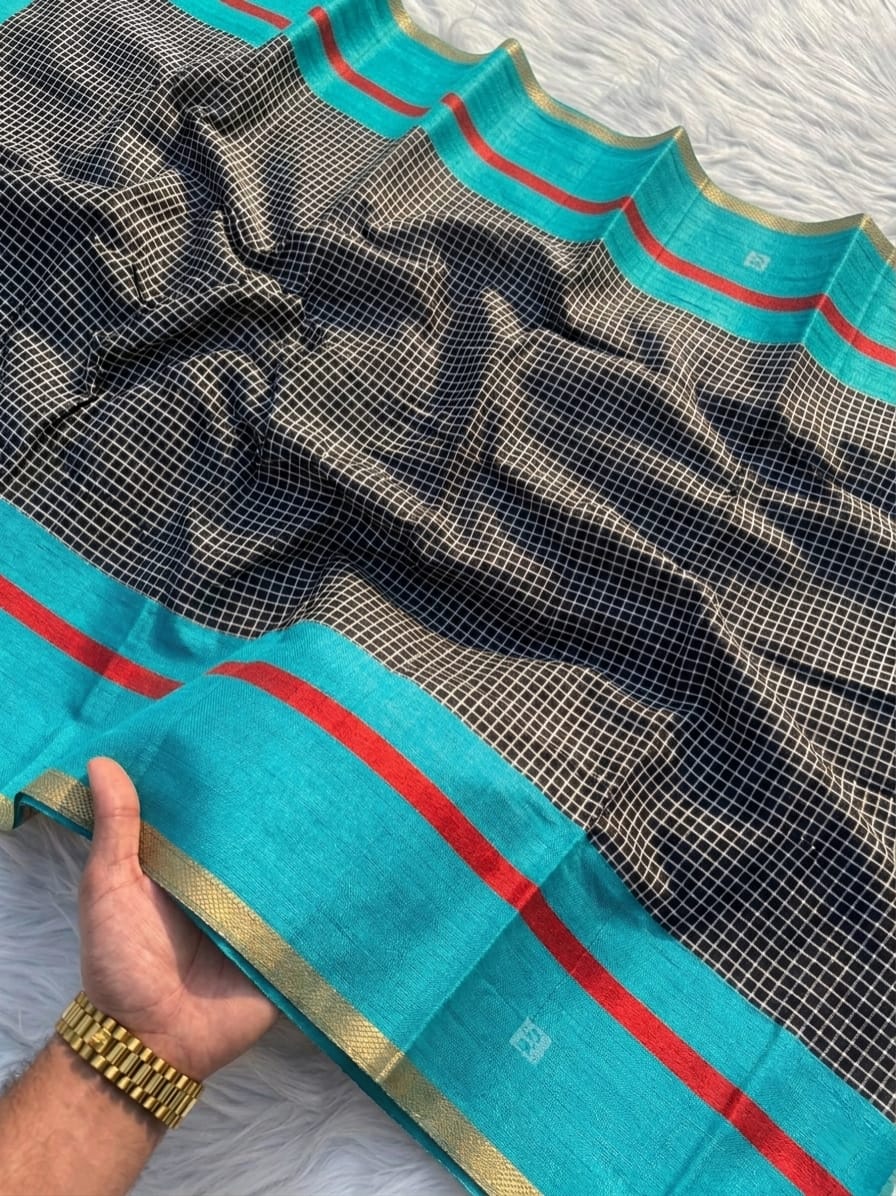 Black Checked Pattern Linen Saree with Blue Border