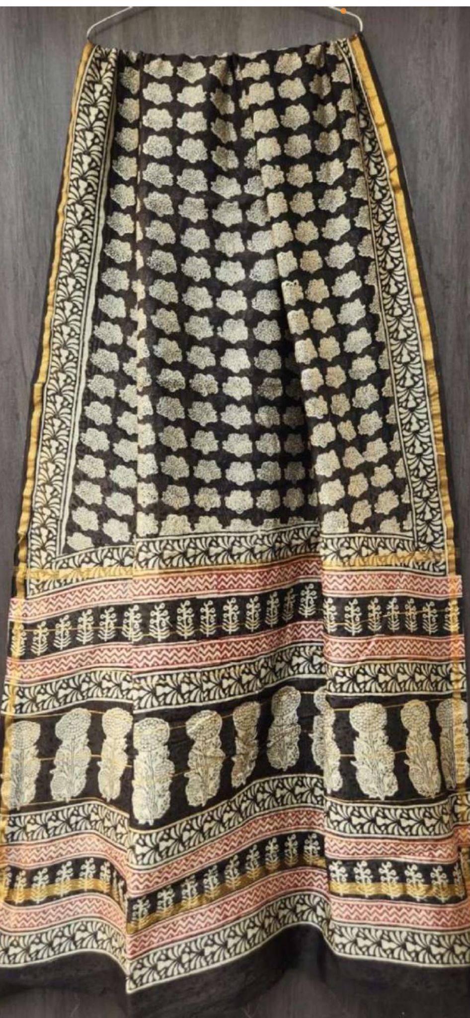 Black Floral Print Chanderi Silk Saree