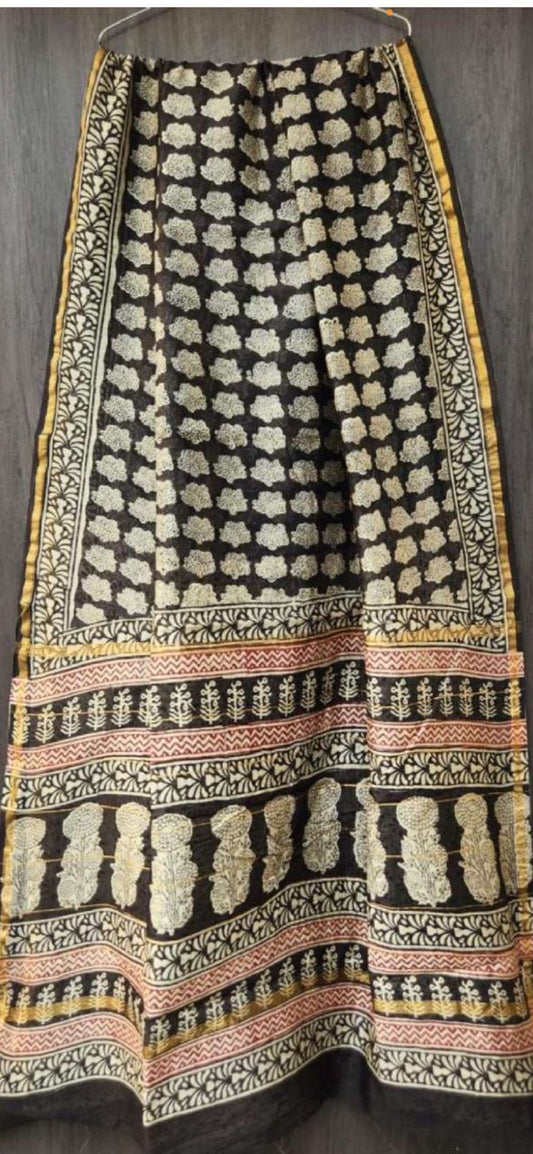 Black Floral Print Chanderi Silk Saree